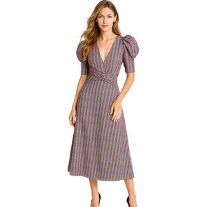 Zara Plaid Seersucker Midi Dress M Puff Sleeves Academia Style Tailored Waist